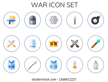 war icon set. 15 flat war icons.  Simple modern icons about  - paintball gun, sword, warrior, armour, revolver, viking helmet, spear, bomb, armor, knight