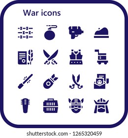  war icon set. 16 filled war icons. Simple modern icons about  - Barbed wire, Bomb, Water gun, Beret, Independence, Saber, Armour, Carrier, Sabers, Peace, Weapons, Viking, Samurai