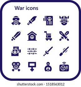 war icon set. 16 filled war icons.  Simple modern icons about  - Gas mask, Dagger, Peace, Viking, Sword, Carrier, Swords, Barbed wire, Saber, Radar