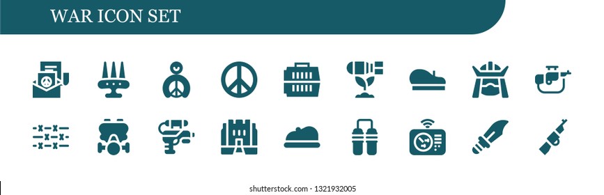 war icon set. 18 filled war icons.  Simple modern icons about  - Peace, Weapon, Carrier, Bomb, Beret, Samurai, Rifle, Barbed wire, Gas mask, Water gun, Medieval, Nunchaku, Radar