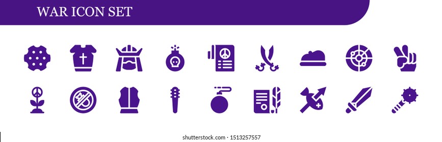 war icon set. 18 filled war icons.  Collection Of - Revolver, Armour, Samurai, Bomb, Peace, Sabers, Beret, Radar, Bombing, Weapons, Independence, Spear, Sword, Weapon icons