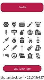war icon set. 25 filled war icons.  Collection Of - Revolver, Peace, Carrier, Water gun, Viking, Sword, War, Bomb, Radar, Tank, Weapon, Balaclava, Mace, Spear, Bullets