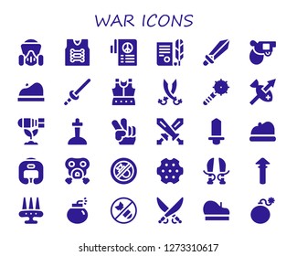  war icon set. 30 filled war icons. Simple modern icons about  - Gas mask, Armor, Peace, Independence, Sword, Pistol, Beret, Armour, Sabers, Weapon, Spear, Bomb, Excalibur, Swords