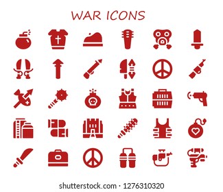  war icon set. 30 filled war icons. Simple modern icons about  - Bomb, Armour, Beret, Weapons, Gas mask, Sword, Spear, Weapon, Peace, Rifle, Carrier, Water gun, Tank, Bullets