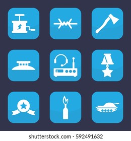 war icon. Set of 9 filled war icons such as dynamite, axe weapon, wire fence, listening device, medal, tank