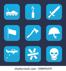 war icon. Set of 9 filled war icons such as skull, sword, axe weapon, wire fence, flag, war helmet, military car, military plane