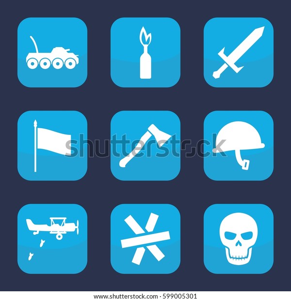 war icon. Set of 9 filled war icons such as skull,\
sword, axe weapon, wire fence, flag, war helmet, military car,\
military plane