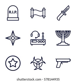 War icon. Set of 9 War outline icons such as hazzard, knife, compass, listening device, rank, manuscript, gun, headstone
