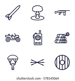 War icon. Set of 9 War outline icons such as dynamite, explosion, shield, arrow bow, walkie talkie, weapon truck, rocket bomb, submachine gun