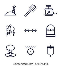 War icon. Set of 9 War outline icons such as dynamite, explosion, mace, blood, wire fence, sail, water military, headstone