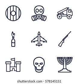 War icon. Set of 9 War outline icons such as skull, shield, gas mask, truck rocket, plane, dynamite, castle, hundting gun