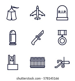 War icon. Set of 9 War outline icons such as knife, fence, medal, tent, bullet, plane, cannon, headstone