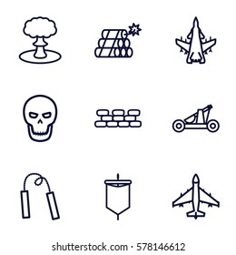 War icon. Set of 9 War outline icons such as dynamite, explosion, skull, catapult, chain weapon, sail, plane