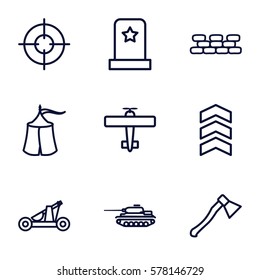 War icon. Set of 9 War outline icons such as catapult, axe weapon, rank, tent, tank, plane, brick wall, sniper target