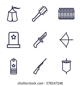 War icon. Set of 9 War outline icons such as bow, mace, knife, fence, rank, sail, tent, hundting gun