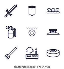 War icon. Set of 9 War outline icons such as dynamite, smoke bomb, sword, wire fence, listening device, sail, rocket bomb, water military