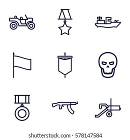 War icon. Set of 9 War outline icons such as skull, medal, flag, sail, weapon truck, water military, cannon