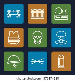War icon. Set of 9 War outline icons such as explosion, skull, arrow bow, fence, wire fence, listening device, war helmet, bulletproof vest