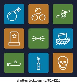 War icon. Set of 9 War outline icons such as bomb, skull, arrow bow, canon ball, cannon, water military, submarine, dynamite