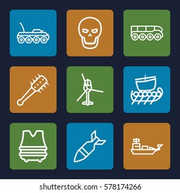 War icon. Set of 9 War outline icons such as rocket bomb, skull, mace, bulletproof vest, weapon truck, military car, water military