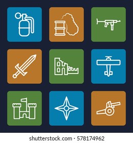 War icon. Set of 9 War outline icons such as dynamite, smoking can, sword, compass, cannon, plane, castle, submachine gun