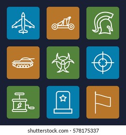 War icon. Set of 9 War outline icons such as dynamite, hazzard, knight, catapult, flag, plane, tank, sniper target