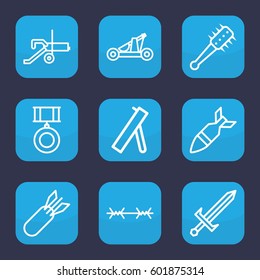 war icon. Set of 9 outline war icons such as rocket bomb, sword, catapult, mace, wire fence, medal