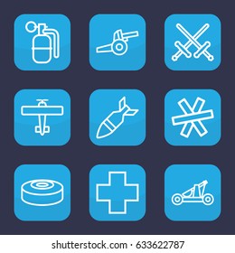 War icon. set of 9 outline war icons such as medical cross, rocket bomb, dynamite, smoke bomb, catapult, wire fence, cannon, plane