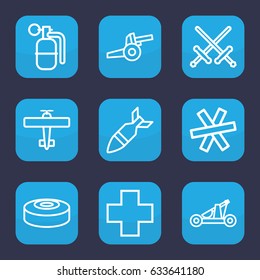 War icon. set of 9 outline war icons such as medical cross, rocket bomb, dynamite, smoke bomb, catapult, wire fence, cannon, plane