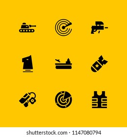 war icon set. bulletproof vest, tank and bomb vector icon for graphic design and web