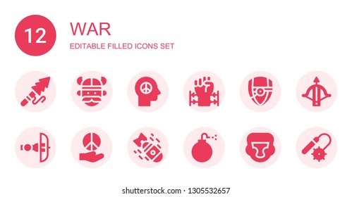 war icon set. Collection of 12 filled war icons included Harpoon, Viking, Peace, Barbed wire, Arsenal, Crossbow, Bomb, Boxing helmet, Weapons