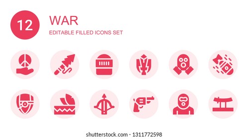 war icon set. Collection of 12 filled war icons included Peace, Harpoon, Warrior, Fighting game, Gas mask, Arsenal, Headdress, Crossbow, Pistol, Terrorist, Bomb, Katana
