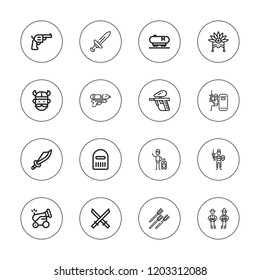 War icon set. collection of 16 outline war icons with cannon, duel, headdress, katana, paintball, pistol, tank, weapon, viking, sword, warrior icons.