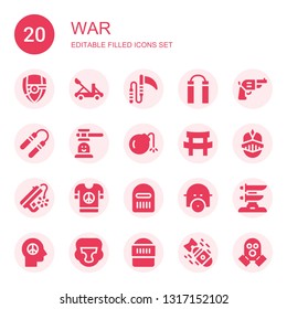 war icon set. Collection of 20 filled war icons included Arsenal, Catapult, Weapon, Nunchaku, Pistol, Hammer game, Bomb, Katana, Knight, Peace, Warrior, Gas mask, Boxing helmet