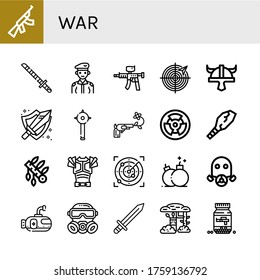 war icon set. Collection of Assault rifle, Katana, Soldier, Paintball gun, Radar, Viking helmet, Sword, Mace, Gun, Radioactive, Weapon, Headdress, Armor, Bomb, Gas mask icons