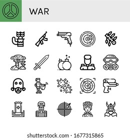 war icon set. Collection of Peace, Quiver, Assault rifle, Gun, Radar, Headdress, Camouflage, Sword, Bomb, Military, Gas mask, Medieval, Paintball, Water gun, Throne, Soldier icons