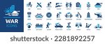 War icon set. Containing battle, weapon, conflict, missile, bomb, combat, army, tank, medal, veteran, victory, defeat, explosion and soldier symbol. Solid icons vector collection.