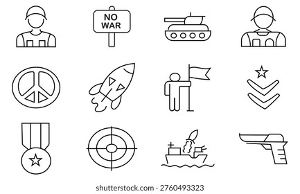 War icon set. Containing battle, weapon, conflict, missile, bomb, combat, army, tank, medal, veteran, victory, defeat, explosion and soldier symbol. Thin outline icons pack. Vector illustration