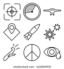 war Icon set. line icons of world war, drone, peace, Nuclear and map target for news and design element.