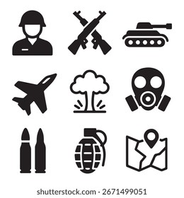 War Icon Set Pack Black and White Minimalist Vector Icons, Milit
