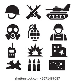 War Icon Set Pack Schwarz-Weiß Minimalistische Vektorsymbole und Sy