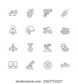 War icon set. Thin line icon. Editable stroke. Containing army, bomb, crossbow, first aid kit, grenade, gun, helmet, launcher, medal, missile, mortar, shield, sniper rifle, submarine, tank, world war.