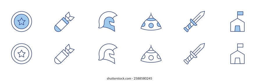 War icon set in two styles, Duotone and Thin Line style. Editable stroke. helmet, missile, shield, spartan, sword, tent.
