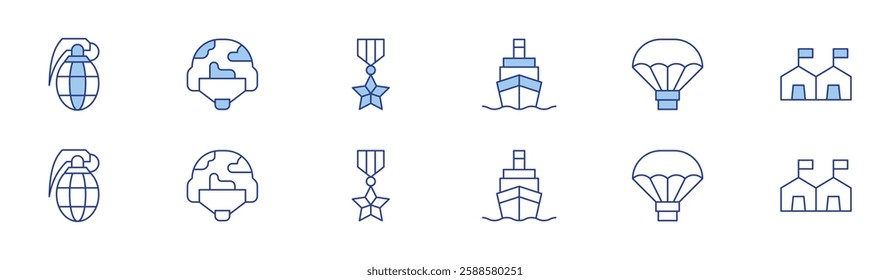 War icon set in two styles, Duotone and Thin Line style. Editable stroke. grenade, helmet, medal, ship, supply, tent.