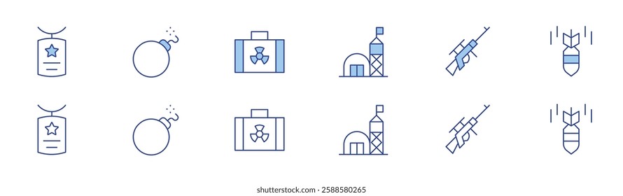 War icon set in two styles, Duotone and Thin Line style. Editable stroke. army, bomb, case, military base, sniper rifle, war.