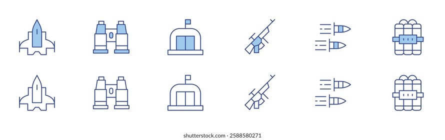 War icon set in two styles, Duotone and Thin Line style. Editable stroke. airforce, assault rifle, binocular, bullet, bunker, dynamite.