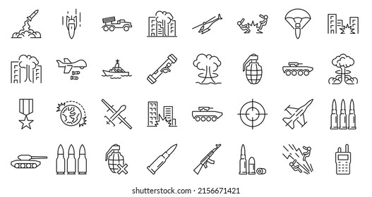 WAR Icon Set, Vector Editable Line Icons, Military Equipment, Shelling Of Civilians, Javelin, Bayraktar Icon, Atomic War, Weapons Of Mass Destruction, Homing Missile, World War III.