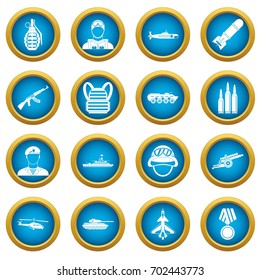 War icons blue circle set isolated on white for digital marketing