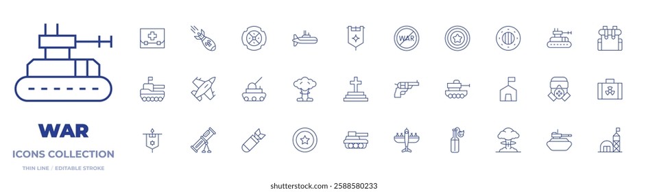 War icons collection. Thin Line icons, editable stroke. backpack, case, explosion, fighter jet, fighter plane, first aid kit, flag, flanders, gas mask.
