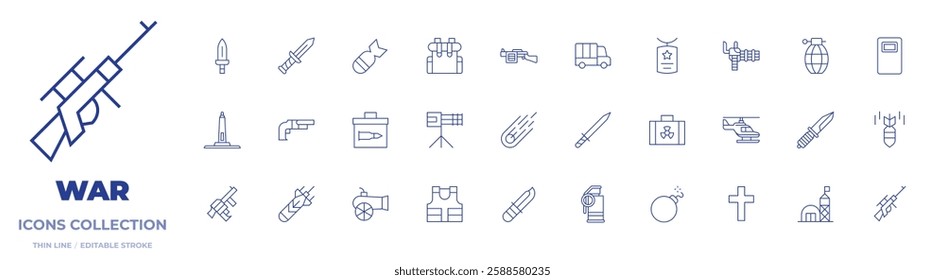 War icons collection. Thin Line icons, editable stroke. ammunition, army, backpack, bomb, bulletproof vest, canon, case, grenade launcher, grenade, knife.